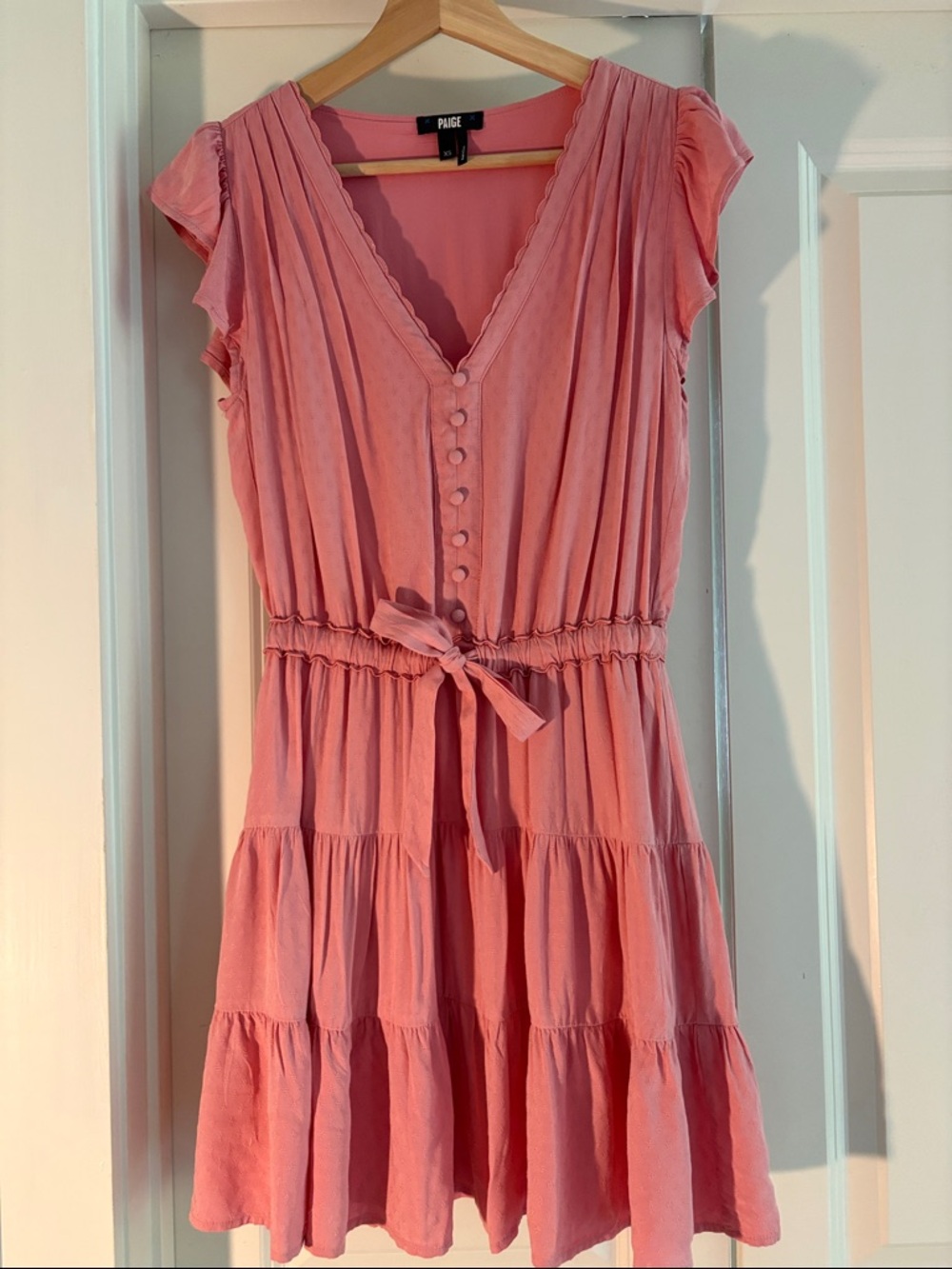 PAIGE Women's Rosalee Mini Dress Tiered Skirt Covered Button in Lipstick Pink